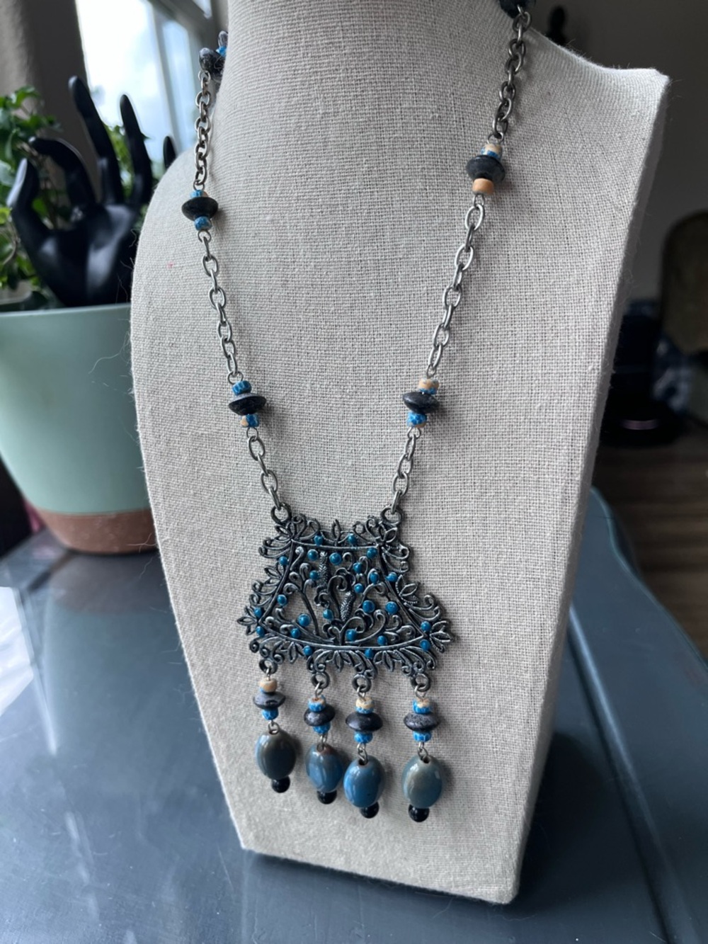 N211 Blue and Grey Filigree Pendant Necklace - Women Jewelry